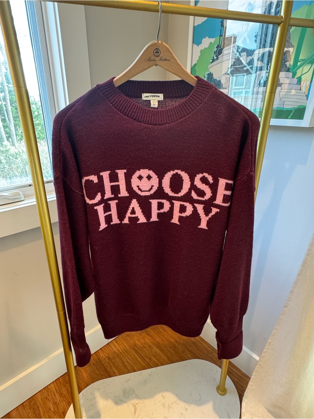 Topshop Burgundy Crewneck Sweater with Pink "CHOOSE HAPPY" Graphic